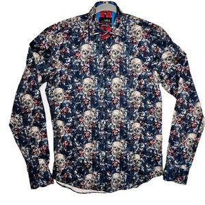 Eight X Shirt Mens Navy Skulls Floral Print  Small Slim Fit Long Sleeve